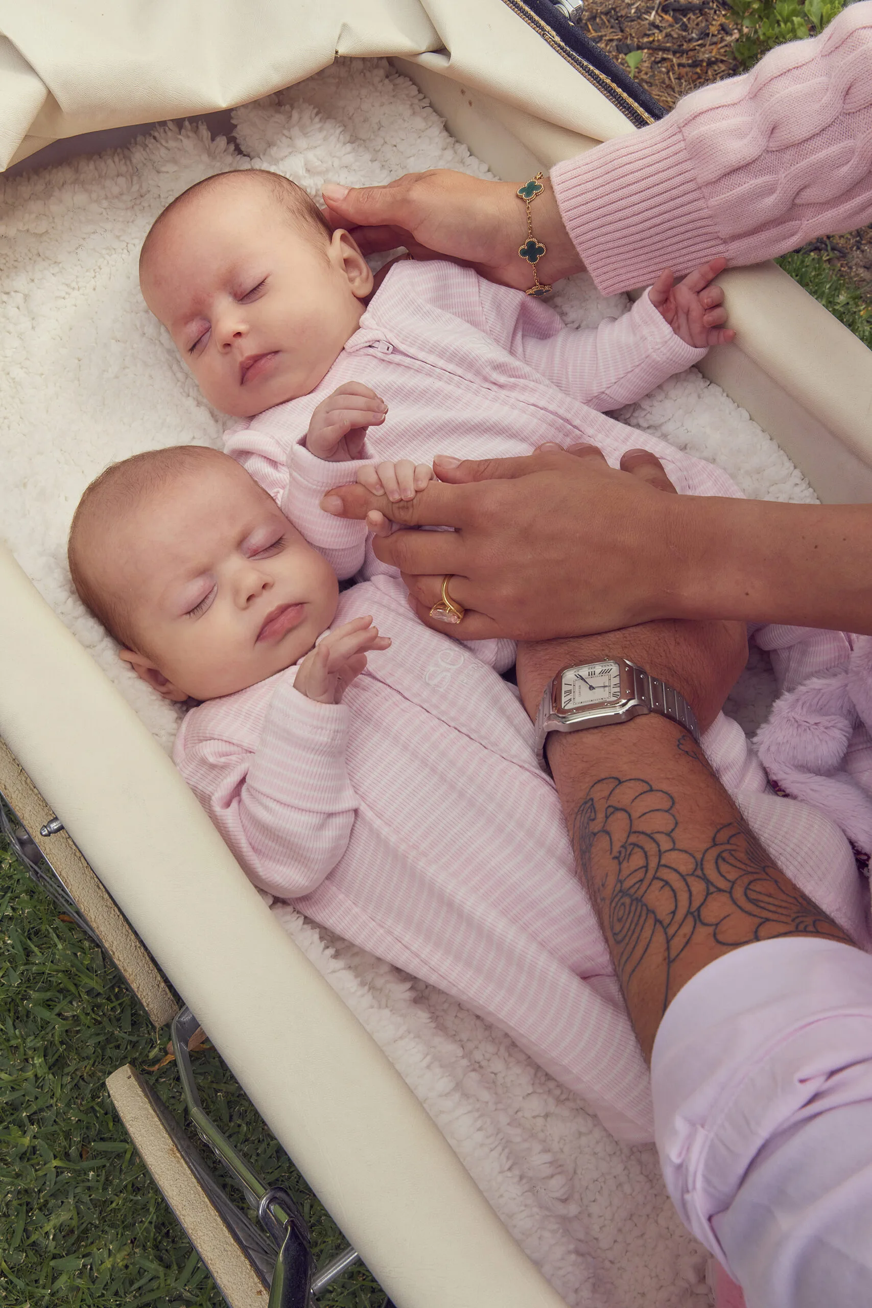 Twin girls Claudia and Charlotte in a bassinet. Photography by Alana Landsberry