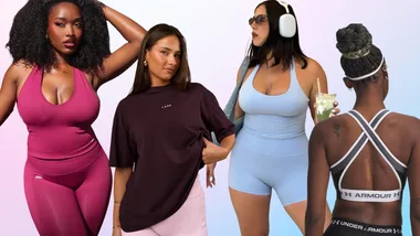A collage of four women showcasing different Australian activewear brands. On the far left, a woman wears a magenta STAX halter tank and matching leggings. Next to her, a woman in an oversized dark plum LSKD tee and light pink shorts. The third woman wears a light blue Lorna Jane halter set while holding a matcha latte. On the far right, a back-view shot of a woman in a charcoal Under Armour cross-back sports bra.