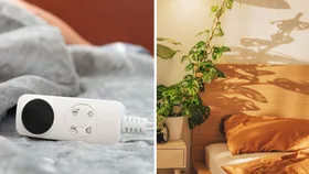 A split-screen image showing a white electric blanket remote with digital controls on the left, and a sun-drenched bedroom with an oak headboard and terracotta bedding on the right.