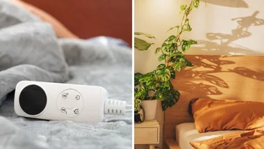 A split-screen image showing a white electric blanket remote with digital controls on the left, and a sun-drenched bedroom with an oak headboard and terracotta bedding on the right.