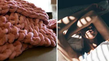 A side-by-side comparison featuring the thick texture of a pink hand-knitted weighted blanket and a person seeking comfort while lying in a sunlit bed.