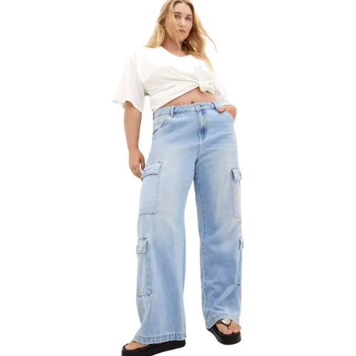 City Chic Harley Fit Iona Cargo Wide Leg Regular Jean - light wash