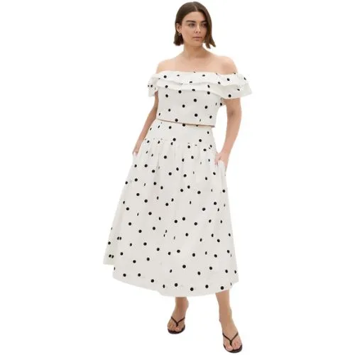City Chic Kaia Polka Dot Midi Skirt - white
