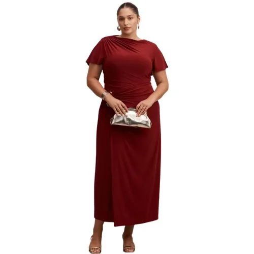 Skip to the beginning of the images gallery Fiora Curve Short Sleeve Hardware Midi - plus size wedding guest dresses