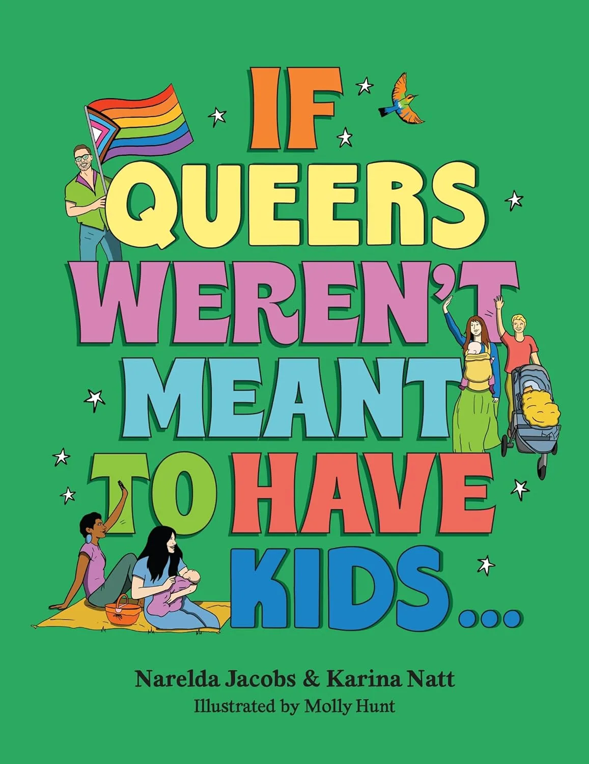 green cover with rainbow text and two illustration queer copies with babies