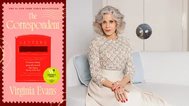 Book cover of The Correspondent next to a photo of Jane Fonda sitting on a white couch
