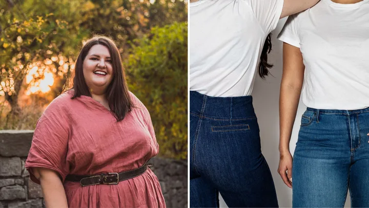A split-screen image showing a smiling woman in a dusty rose dress outdoors on the left, and a close-up of two people wearing white t-shirts and blue jeans on the right.