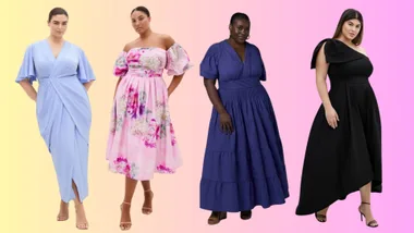 Four women showcasing plus size wedding guest dresses, including a pastel blue wrap dress, a pink floral off-the-shoulder midi, a navy tiered maxi, and a black one-shoulder gown.