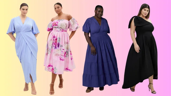 Four women showcasing plus size wedding guest dresses, including a pastel blue wrap dress, a pink floral off-the-shoulder midi, a navy tiered maxi, and a black one-shoulder gown.