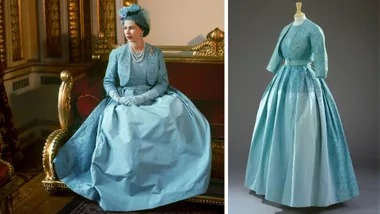 Queen Elizabeth in a blue gown, and that same gown on a mannequin.