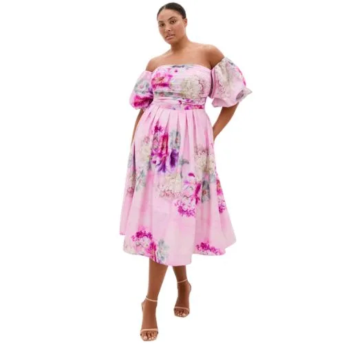 City Chic Rosalee Garden Print Puff Sleeve Midi Dress - pink - plus size wedding guest dresses