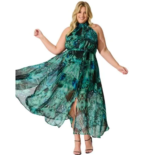 Kiss Me Halter Neck Maxi Dress in Green Multi Chiffon - plus size wedding guest dresses