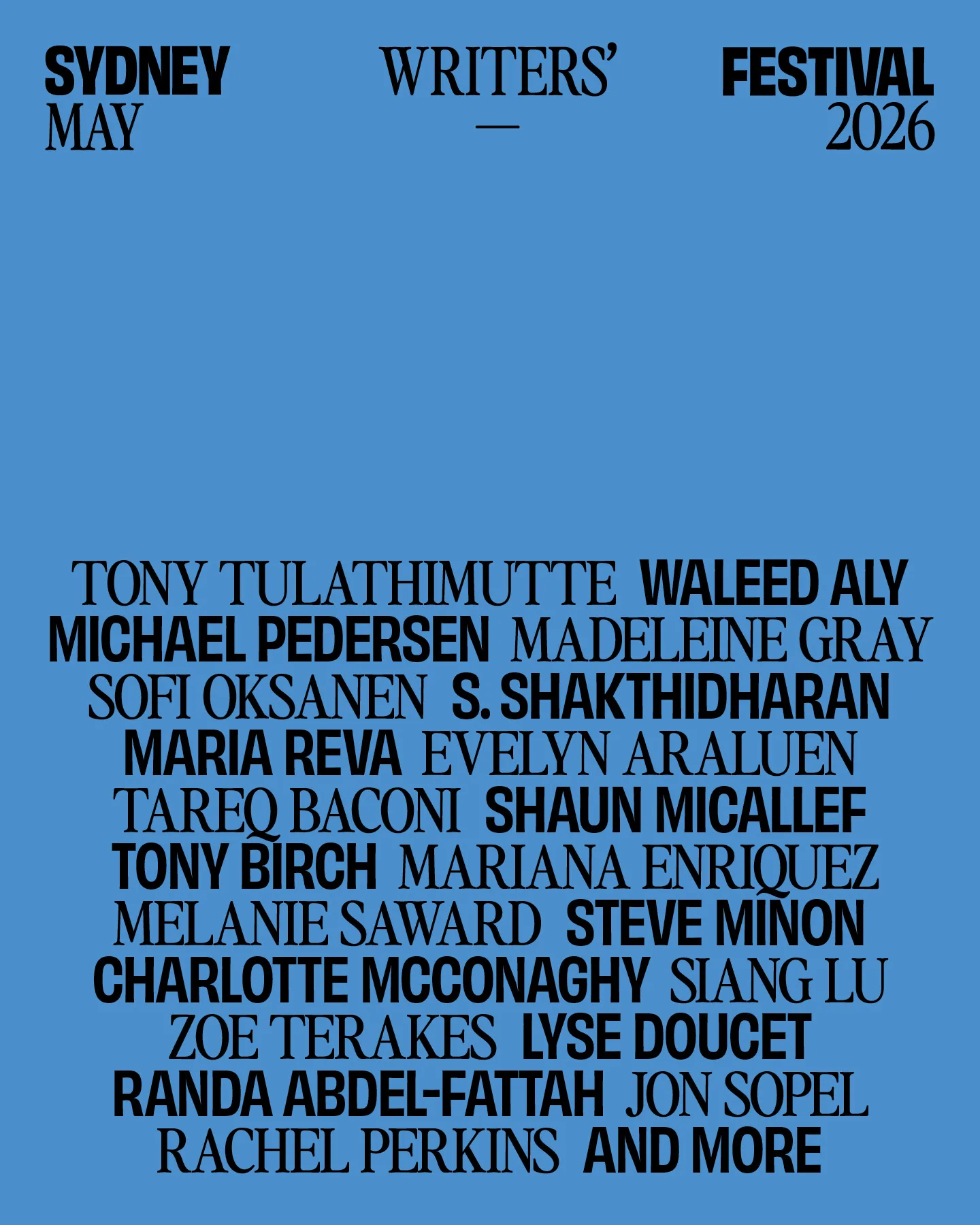blue tile with black text of a list of author names, and headline that says, "Sydney Writers' Festival May 2026"