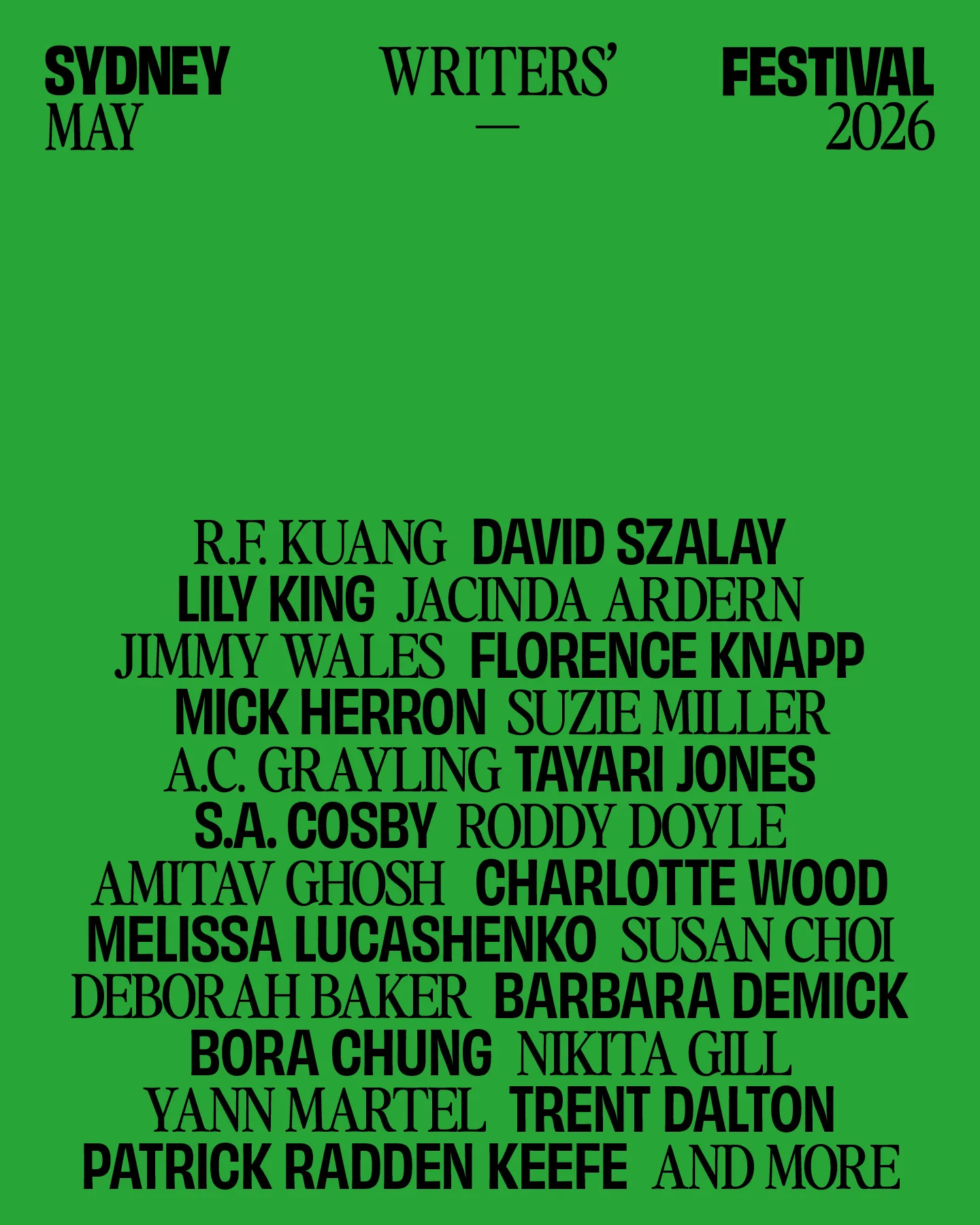 green tile with black text of a list of author names, and headline that says, "Sydney Writers' Festival May 2026"