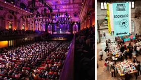 audience seating in sydney town hall; book store at Sydney Writers Festival
