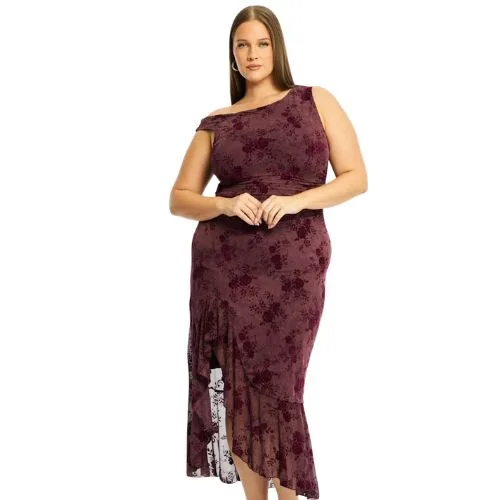 Red Midi Dress Asymmetric Shoulder Mesh Ruffle