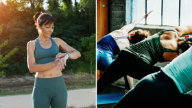 Two side-by-side images showcasing women in activewear. On the left, a woman in a sage green ribbed sports bra and matching high-waisted leggings stands outdoors, checking her fitness watch. On the right, a group of women are seen from behind in a yoga studio, performing a deep stretch while wearing various high-performance black and teal leggings.