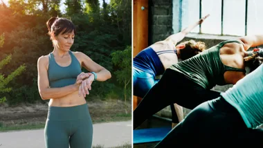 Two side-by-side images showcasing women in activewear. On the left, a woman in a sage green ribbed sports bra and matching high-waisted leggings stands outdoors, checking her fitness watch. On the right, a group of women are seen from behind in a yoga studio, performing a deep stretch while wearing various high-performance black and teal leggings.