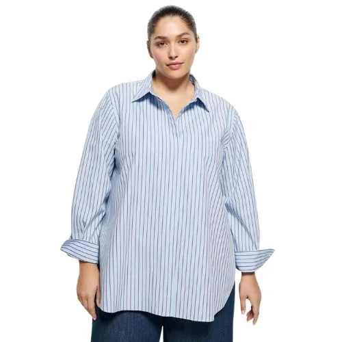 Commonry Good Earth Cotton Demi Shirt - cloud blue stripe - plus size workwear