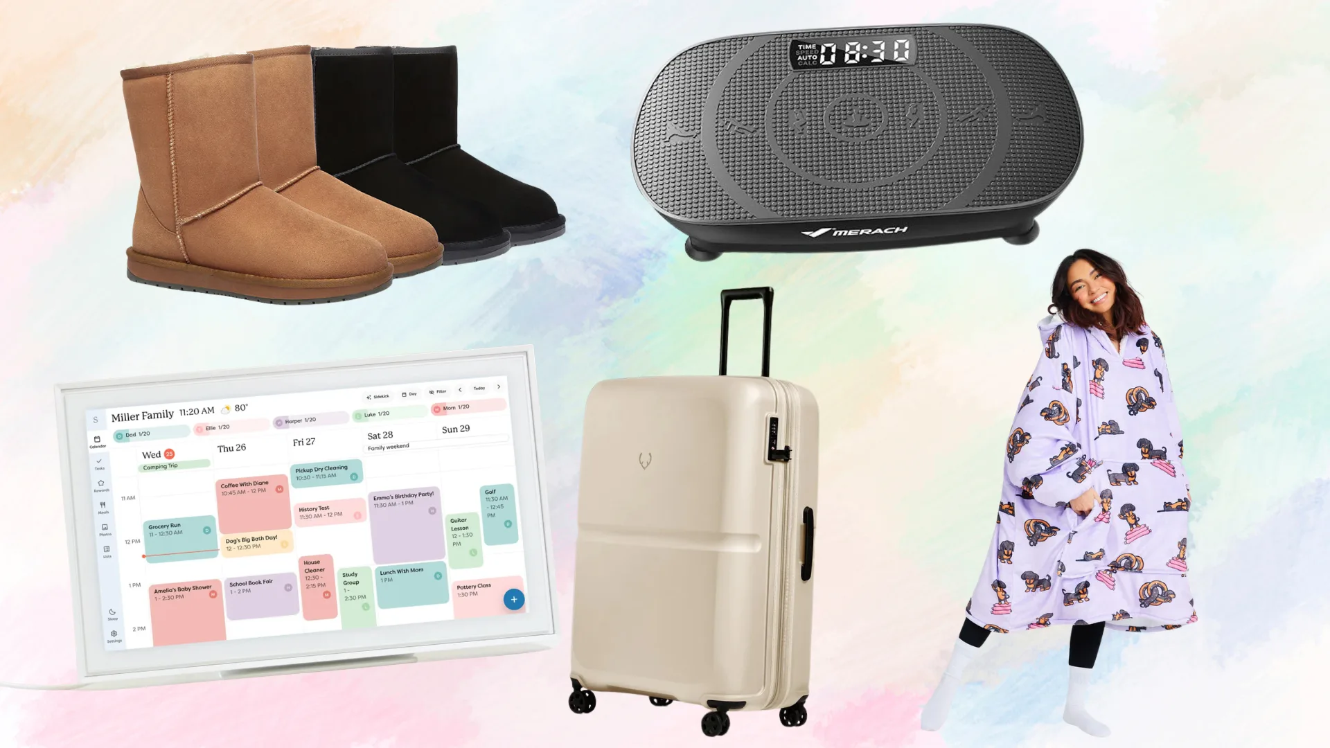A product collage featuring Ugg boots, a Merach vibration plate, a smart home calendar display, a beige Antler suitcase, and a person wearing a patterned Oodie wearable blanket against a pastel watercolour background.