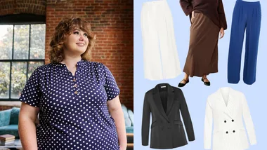 A split image featuring a woman in a navy polka-dot blouse on the left, and a collage of professional workwear staples like blazers, trousers and a midi skirt on the right.