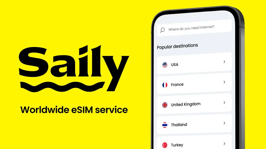 Promotional graphic for Saily worldwide eSIM service featuring a bright yellow background, the black Saily logo, and a smartphone displaying a list of popular travel destinations like the USA, France, and the United Kingdom.