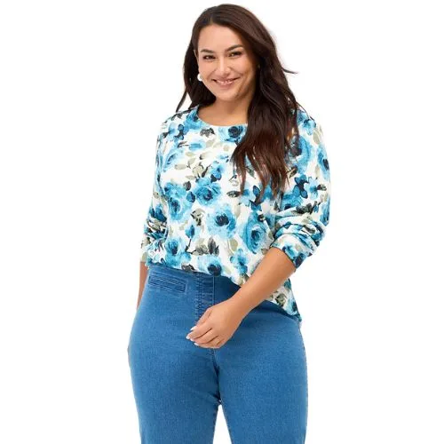 Suzanne Grae Texture Knit Print Top - blue - plus size workwear