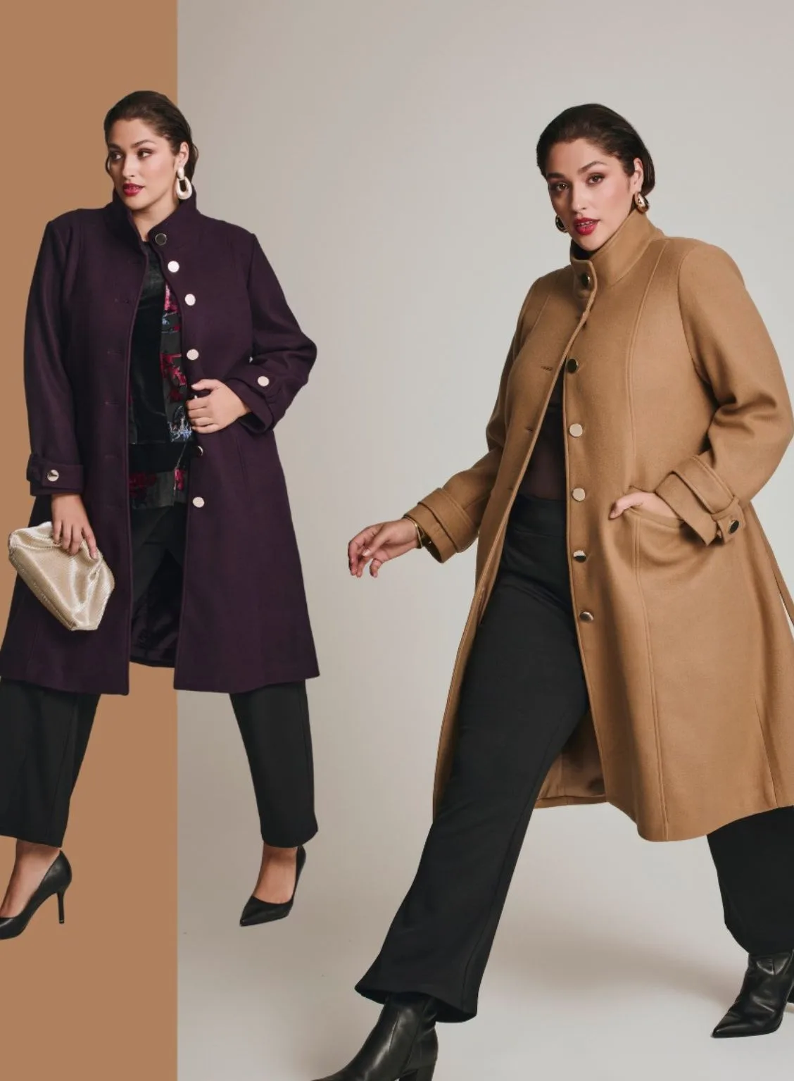 Two studio shots of a woman wearing the Taking Shape "Milano" style coat; one in dark purple holding a gold clutch, and another in classic camel walking forward.