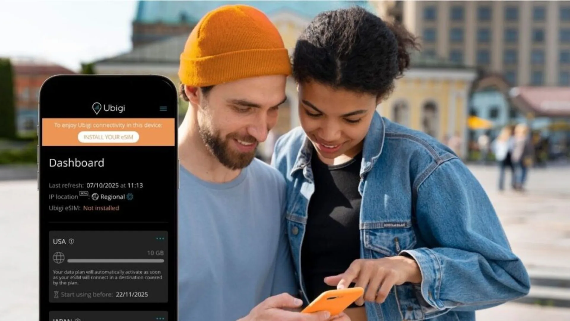 A young man and woman look at a smartphone together outdoors, alongside a digital overlay of the Ubigi mobile app dashboard showing an option to install an eSIM for the USA.