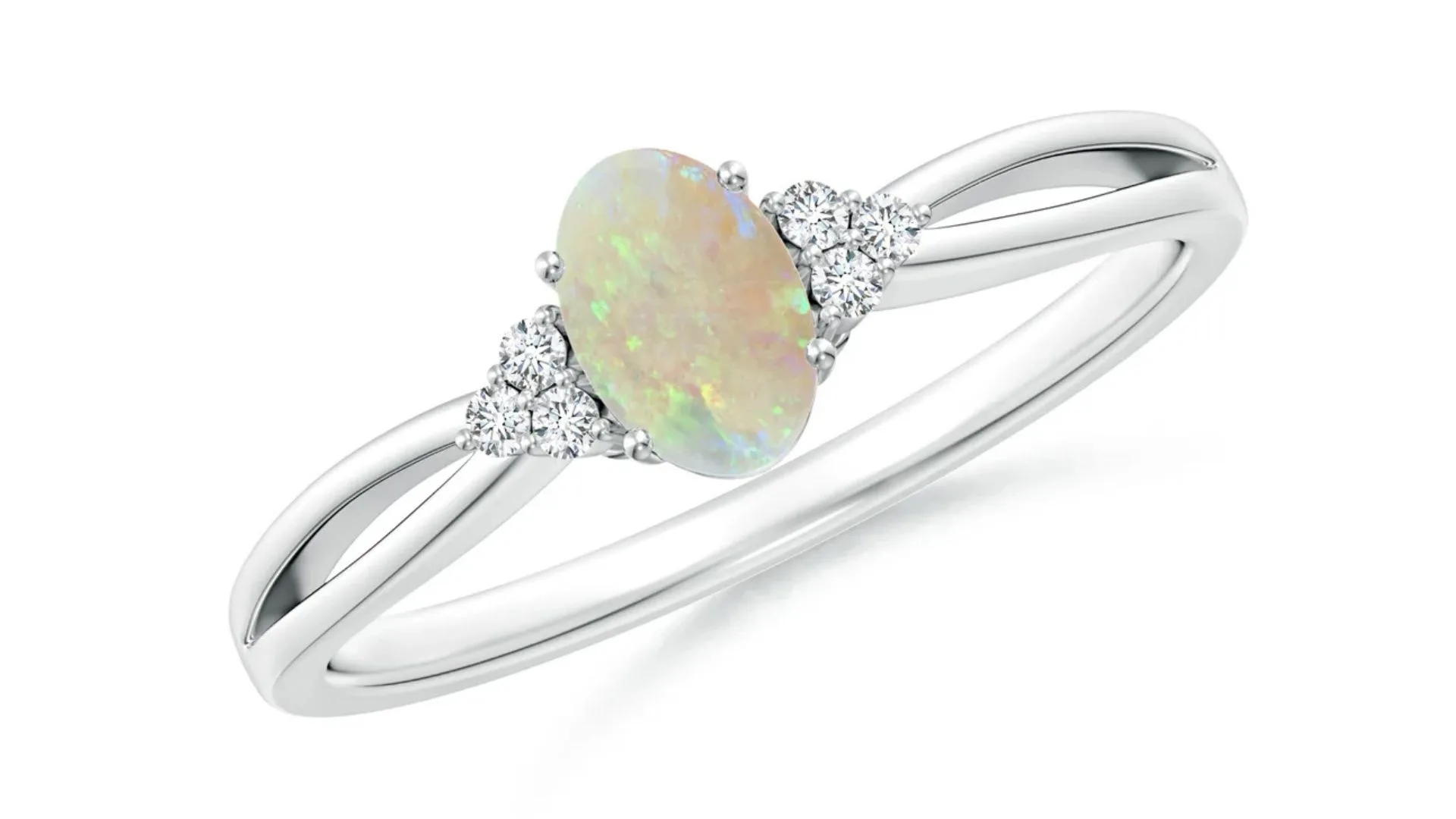 Angara Solitaire Oval Opal Split Shank Ring with Trio Diamonds - milestone jewellery gifts