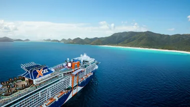 A modern cruise ship approaches a forested landmass.