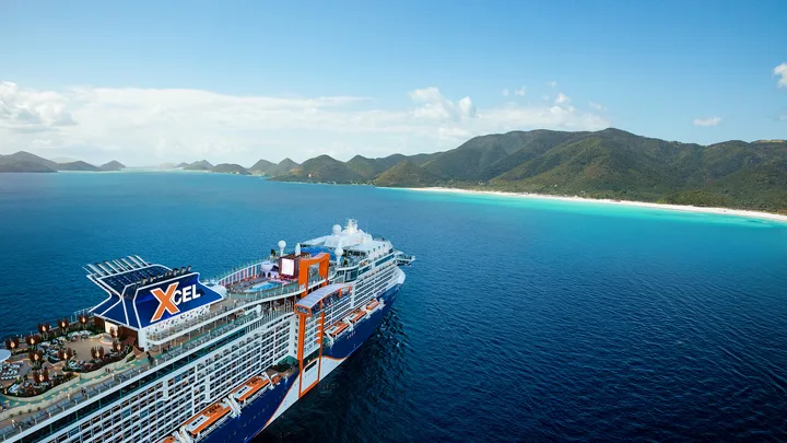 A modern cruise ship approaches a forested landmass.
