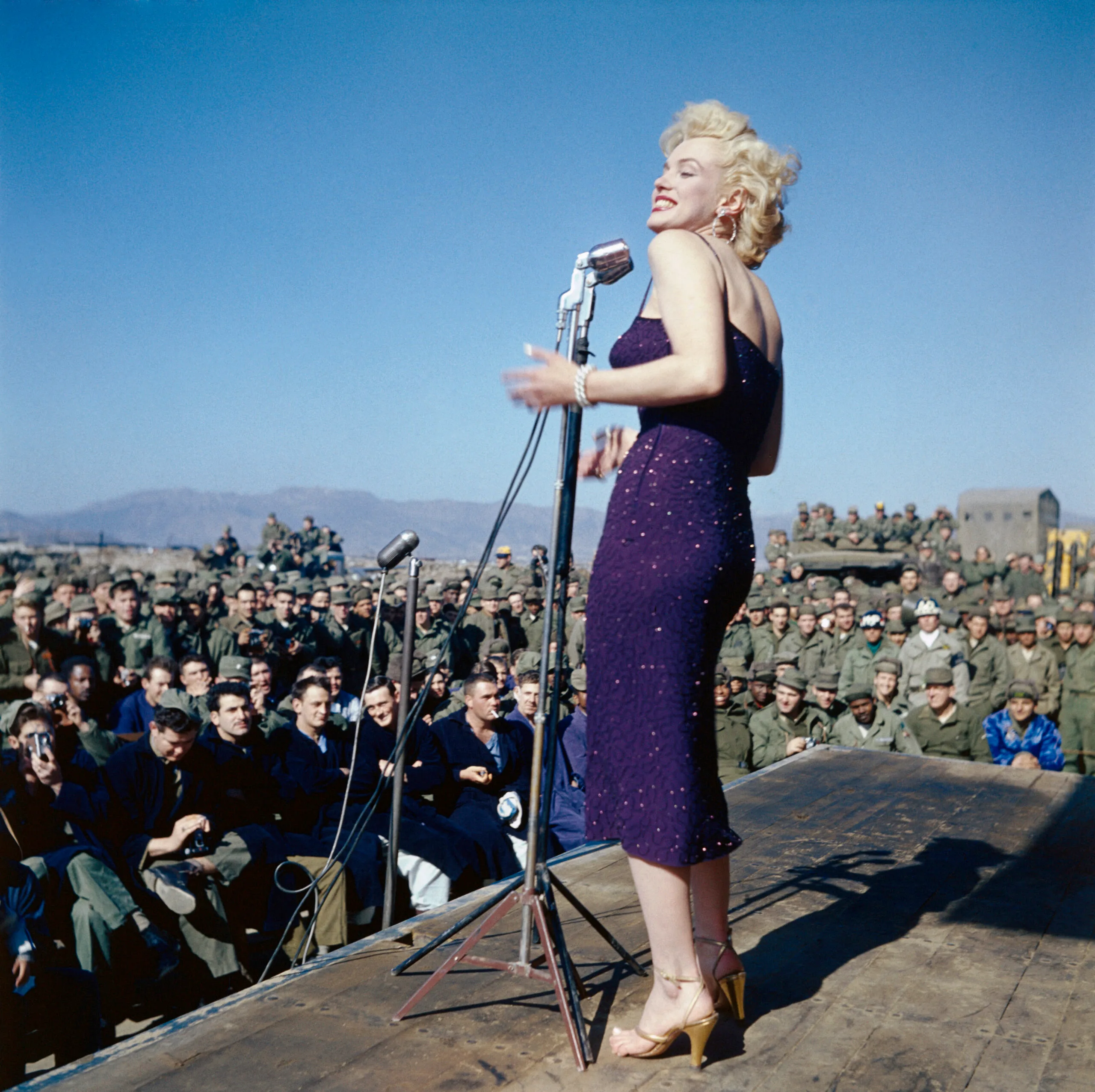 (Original Caption) 1954...Marilyn Monroe entertaining U.S. troops in South Korea. She is showing her left profile in this full length photograph.