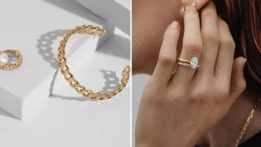 A split image showing a gold chain-link bracelet and matching ring on a white minimalist background on the left, and a close-up of a woman wearing a yellow gold oval-cut diamond ring stack on the right.