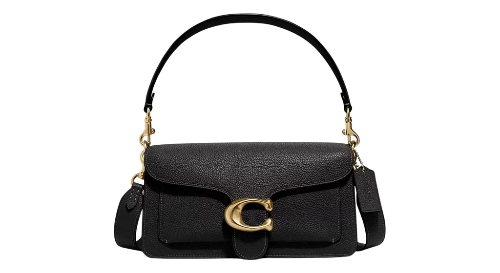 coach tabby pebbled leather shoulder bag in black with gold C logo clasp