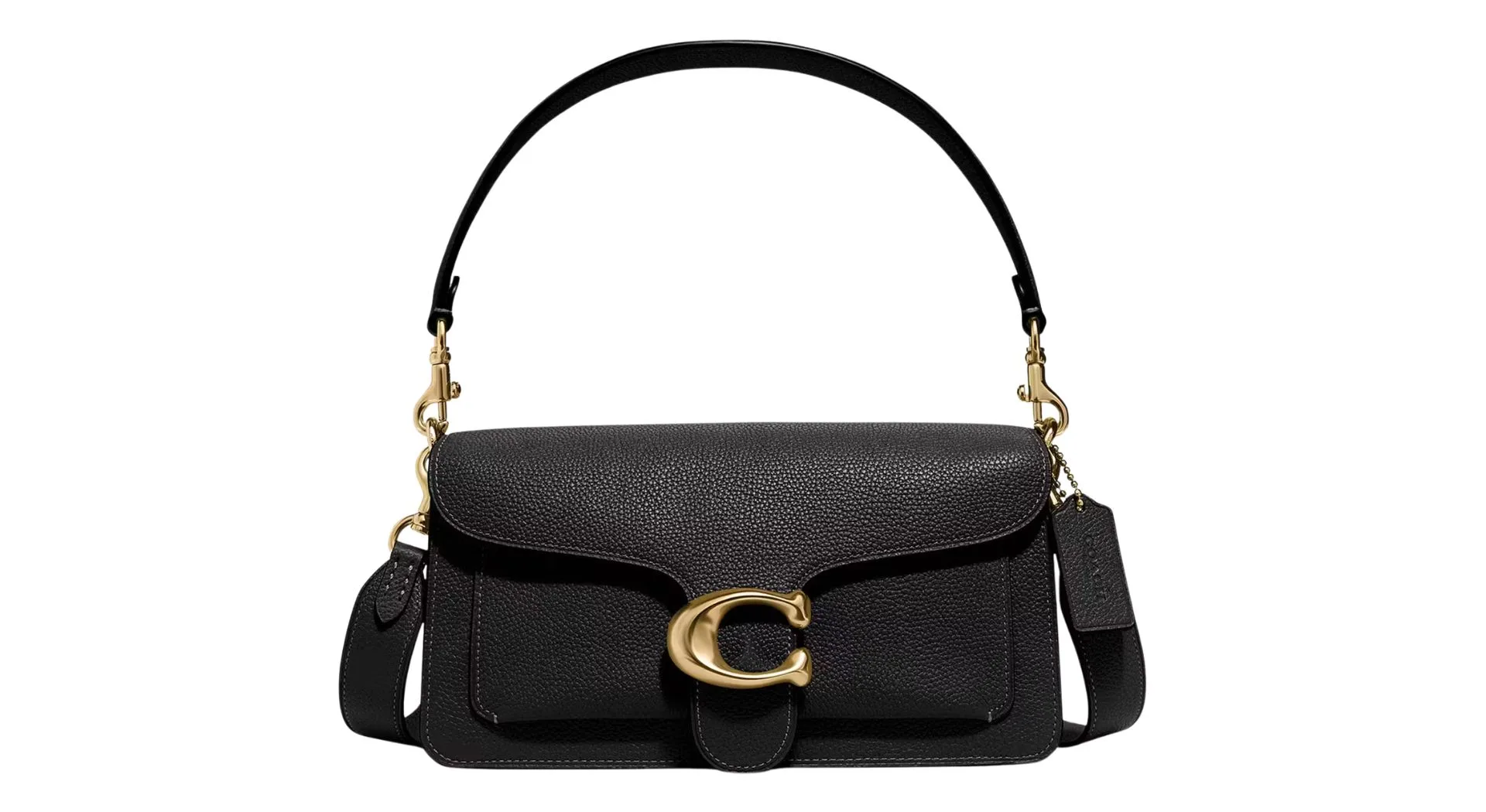 coach tabby pebbled leather shoulder bag in black with gold C logo clasp