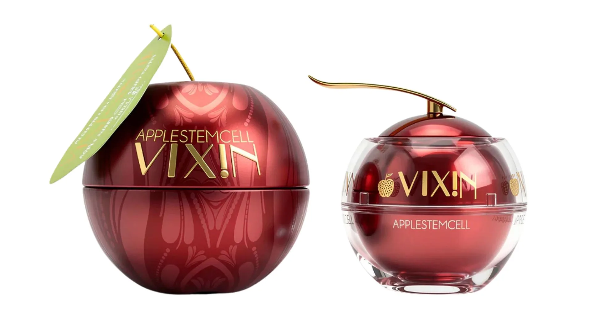 Two red, apple-shaped jars of Vixin Apple Stem Cell skincare cream against a white background, one with a metallic finish and a green leaf tag, and the other encased in clear acrylic with a gold stem. Featured in the winter moisturiser for dry skin article.