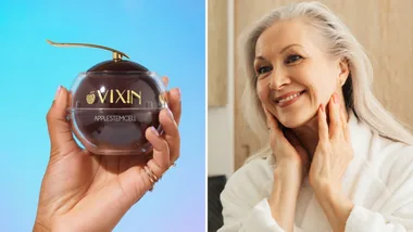 A split-screen image showing a hand holding a round VIXIN Apple Stem Cell skincare jar on the left, and a smiling, older woman with grey hair touching her face in a white bathrobe on the right.