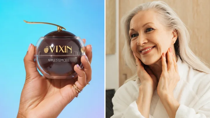 A split-screen image showing a hand holding a round VIXIN Apple Stem Cell skincare jar on the left, and a smiling, older woman with grey hair touching her face in a white bathrobe on the right.