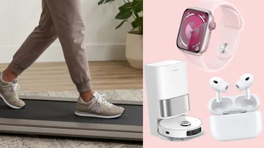 A split-screen image showing a person walking on an under-desk treadmill wearing New Balance sneakers on the left, and a pink Apple Watch, a white Dreame robot vacuum, and Apple AirPods Pro on a pink background on the right.