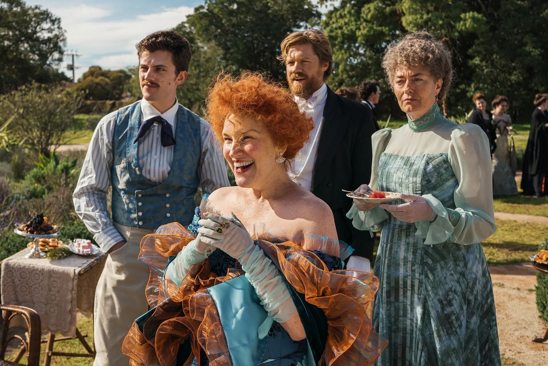 My Brilliant Career. Jake Dunn, Kate Mulvany, Alexander England and Anna Chancellor on the set of My Brilliant Career. Cr. Ian Routledge/Netflix © 2026.