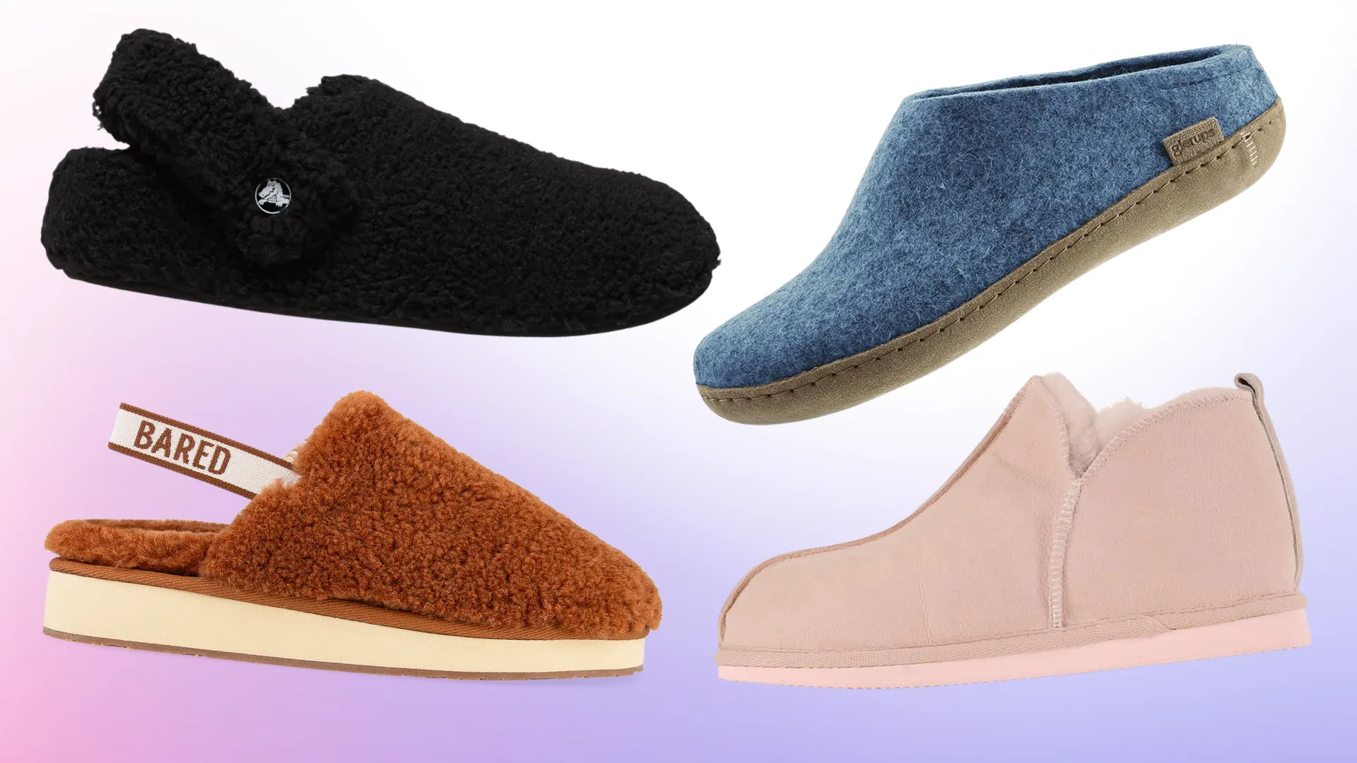 A product collage featuring four styles of comfortable winter slippers against a gradient background. Top left: black fluffy Crocs Classic Cozzzy Slipper. Bottom left: terracotta Bared Snuggling sheepskin scuff slipper with a logo heel strap. Top right: denim blue felted Glerups wool slipper boot. Bottom right: pale pink Shepherd of Sweden sheepskin ankle slippers.