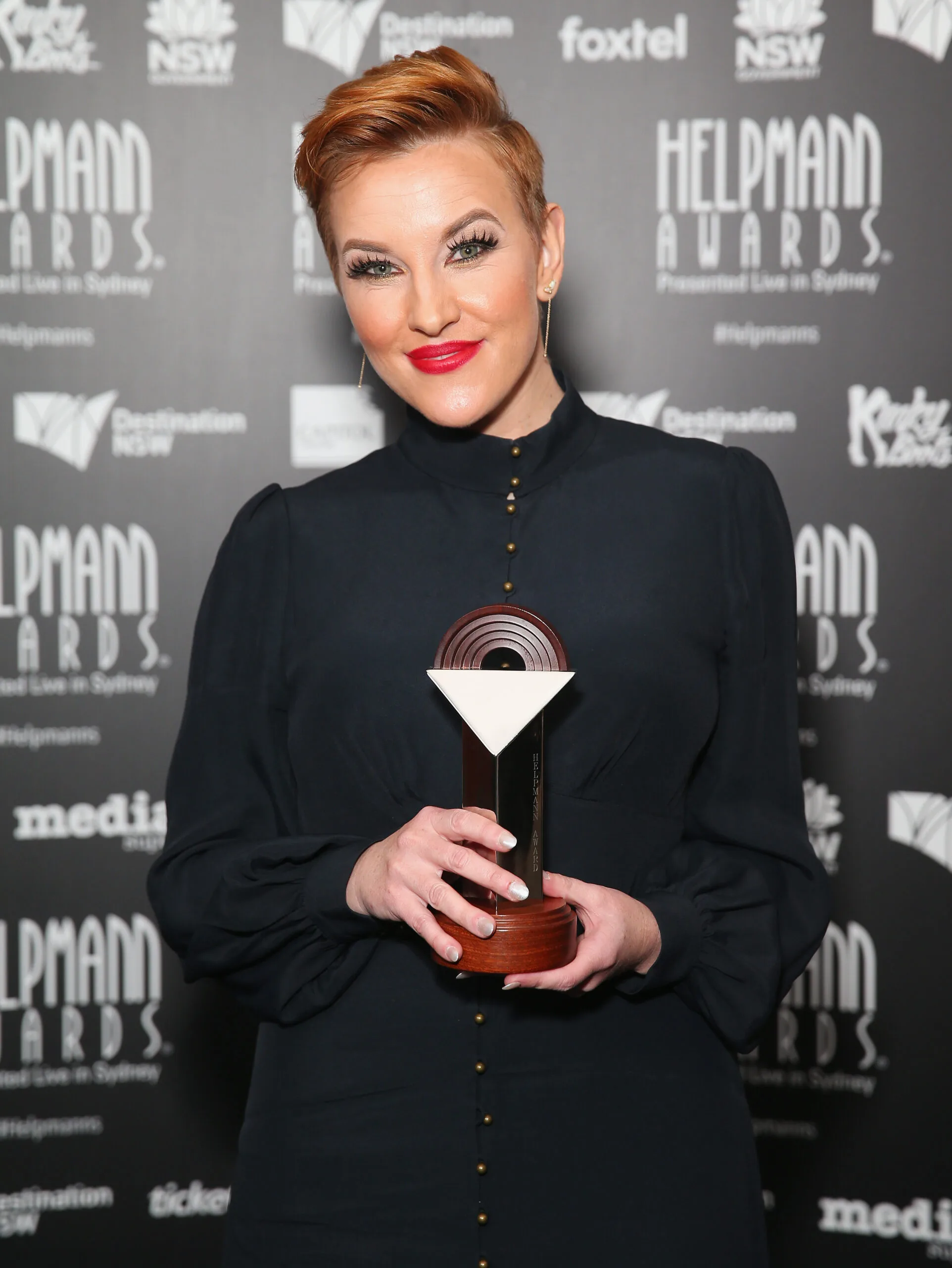 SYDNEY, AUSTRALIA - JULY 24: Kate Mulvany poses with the award for Best Female Actor in a Play during the 17th Annual Helpmann Awards at Lyric Theatre, Star City on July 24, 2017 in Sydney, Australia. (Photo by Don Arnold/WireImage)