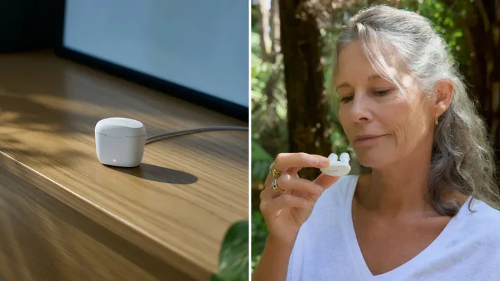 A split screen showing a white Goodair Nosebuds charging case on a wooden surface (left) and a woman holding a white nasal dilator device outdoors (right).