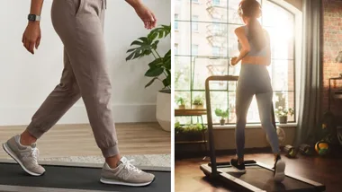 Side-by-side view of an under-desk walking pad in use, showing close-up footwear detail and a full-body home workout setup.