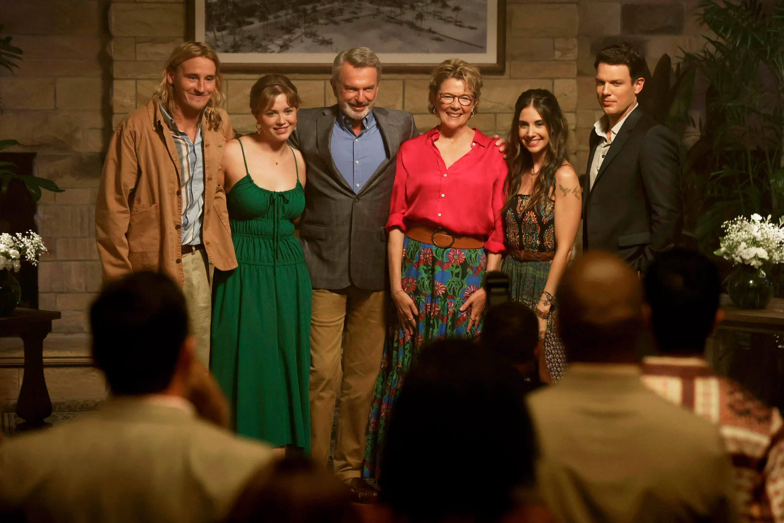 APPLES NEVER FALL -- "The Delaneys" Episode 101 -- Pictured: (l-r) Conor Merrigan Turner as Logan, Essie Randles as Brooke, Sam Neill as Stan, Annette Bening as Joy, Alison Brie as Amy, Jake Lacy as Troy -- (Photo by: Vince Valitutti/PEACOCK)