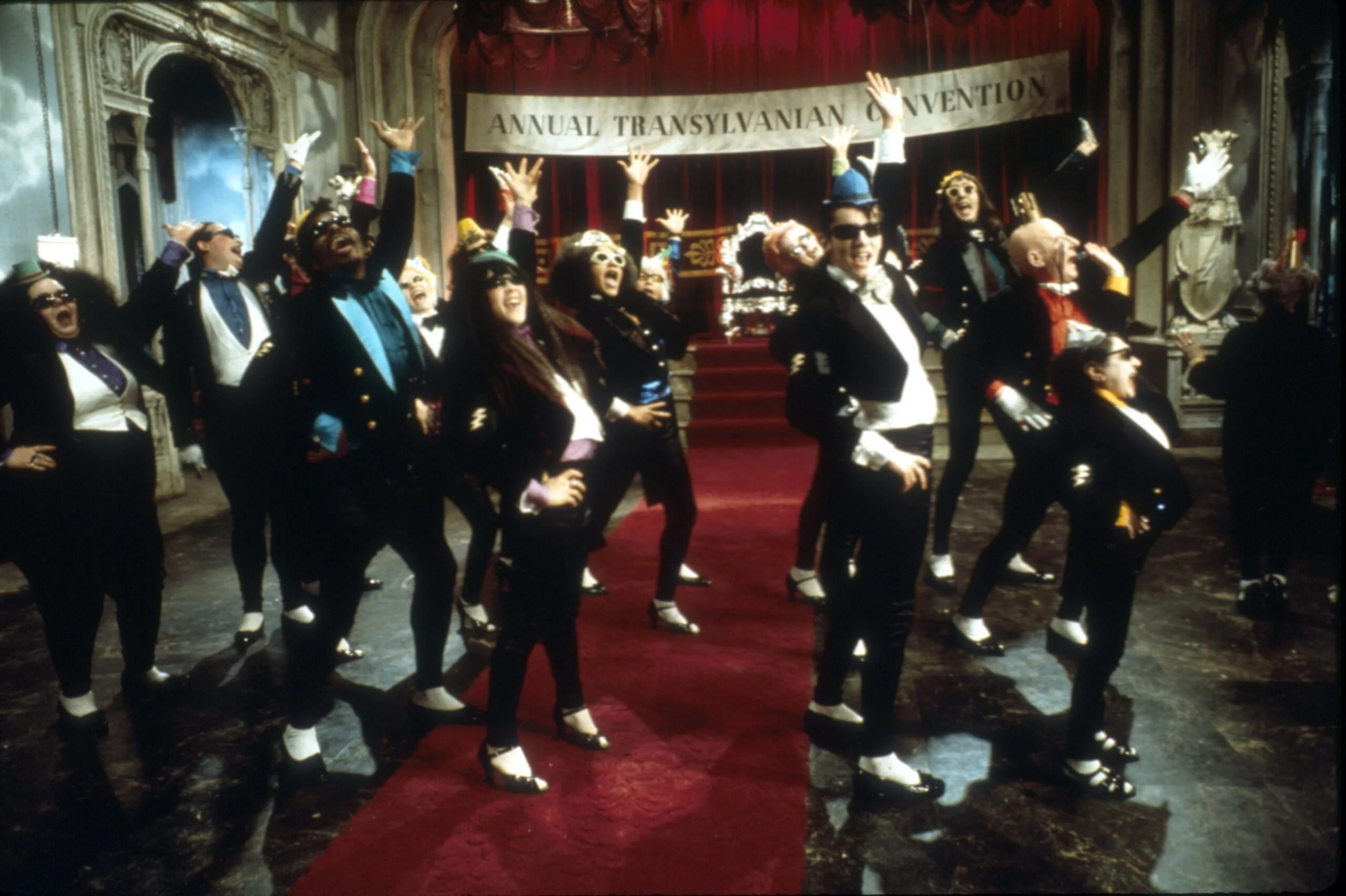 Cast members dance "The Time Warp" in a scene from the movie "The Rocky Horror Picture Show" directed by Jim Sharman.   (Photo by Michael Ochs Archives/Getty Images)
