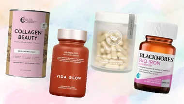 Four hair growth and hair health supplement products displayed side-by-side: Nutra Organics Collagen Beauty, Vida Glow Hairology, The Beauty Chef Hair Biotic, and Blackmores Bio Iron Advanced.
