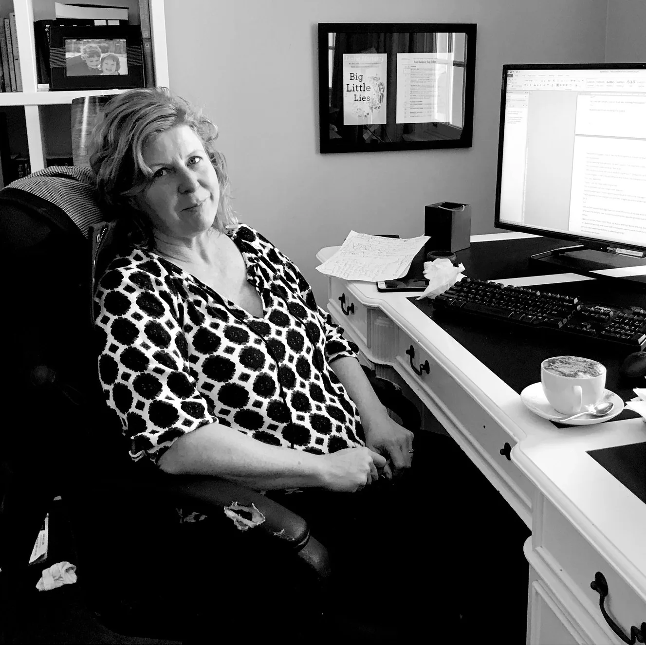 Liane Moriarty at her writing desk, putting the finishing touches on the novella that inspired the second season of Big Little Lies. Photo: Instagram/lianemoriarty_official