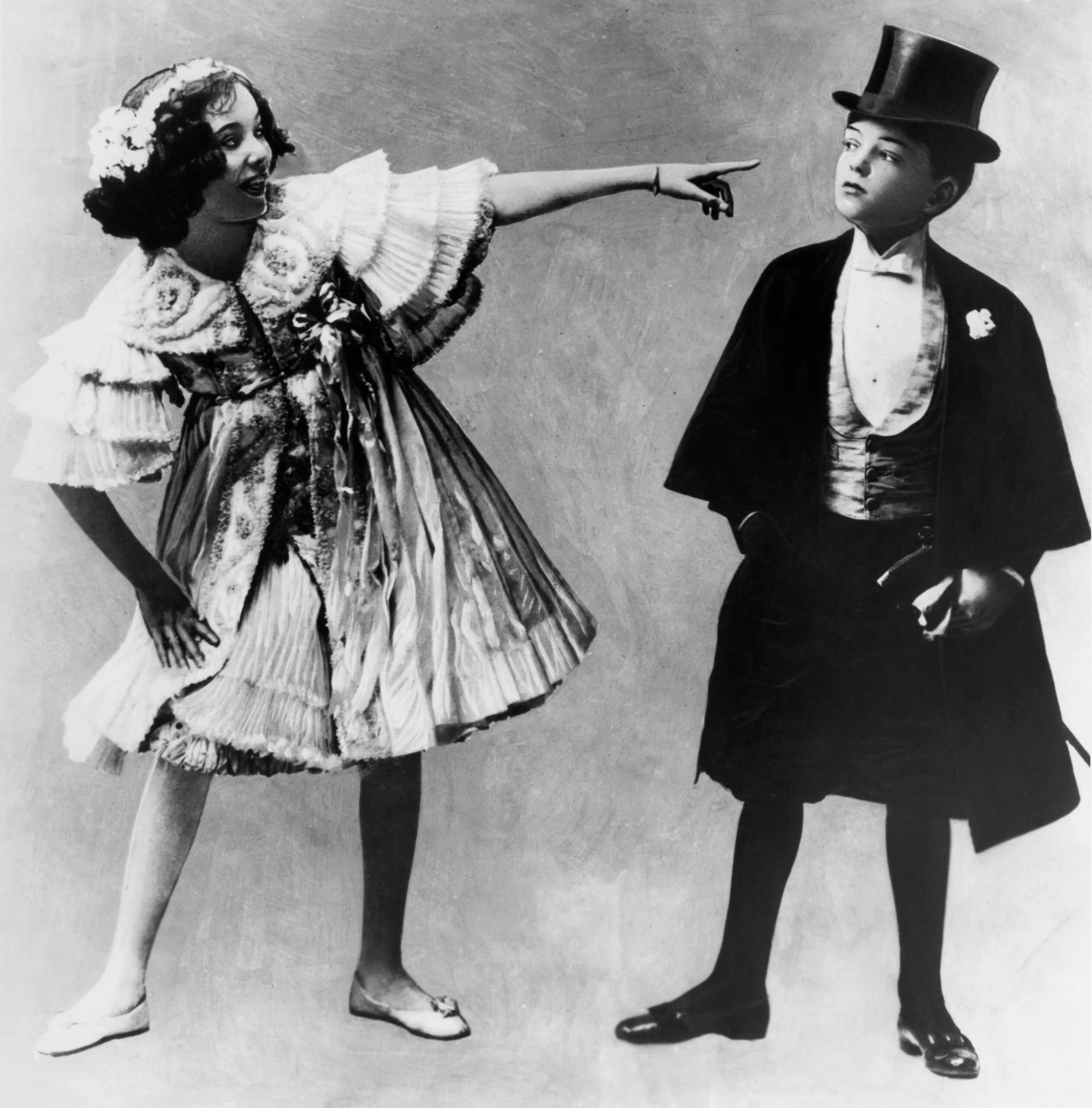 Dancers Adele Astaire (1896-1981) and Fred Astaire (1899-1987), brother and sister, pictured in costume when children , USA, circa 1905. The two performed a 'brother-and-sister act', which was common in vaudeville at the time. (Photo by Pictorial Parade/Archive Photos/Getty Images)